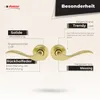 A marketing image showcasing two gold door handles with descriptive text highlighting their features and benefits. Produktbild-Vorschau
