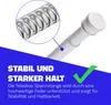 Close-up of a white tension rod with a magnified view of its internal spring mechanism, overlaid with German text and a green checkmark. Produktbild-Vorschau