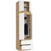 A tall, narrow wardrobe with two sections, one above the other. The top section has two doors that are open, revealing shelves. The bottom section has two doors that are open, revealing a hanging rod with clothes and shelves above. Below this section are t Produktbild-Vorschau
