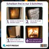 An instructional image showing how to clean a fireplace glass with a 4-step process. Produktbild-Vorschau