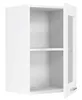 A white hanging kitchen cabinet with a glass door and two shelves, shown from a three-quarter angle against a white background. Produktbild-Vorschau