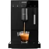 A black automatic coffee machine is brewing coffee into a glass mug. Produktbild-Vorschau