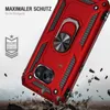 A red phone case with a ring holder is shown in a dynamic, action-oriented scene with debris flying around, suggesting durability and protection. Produktbild-Vorschau