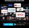 A television screen displaying various app logos and movie posters, with text overlay promoting app downloads. Produktbild-Vorschau
