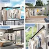 Collage of images showing a retractable wall-mounted clothes drying rack in different settings: balcony, patio, and bedroom. Produktbild-Vorschau