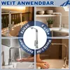 Collage of four images showing a kitchen faucet in different settings: on a balcony, in a kitchen, being used to wash hands in a sink, and near a bathtub. Produktbild-Vorschau