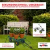 A garden scene with a wooden bench, plants, and a green garden cart. Produktbild-Vorschau