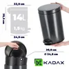 A collage of images showing a black pedal bin with dimensions and a logo. Podgląd zdjęcia produktu