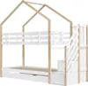 A white and natural wood bunk bed with a house-shaped frame and stairs. Náhľad obrázku produktu