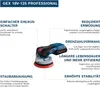 A Bosch GEX 18V-125 Professional cordless orbital sander is shown with callouts highlighting its features. Anteprima dell’immagine prodotto