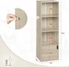 A tall, narrow storage shelf unit with four compartments and one door, shown in a light oak finish. A close-up inset shows a hand turning a knob on the door. Dimensions and a scale comparison with a person are also shown. Produktbild-Vorschau