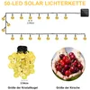 A product image showing solar string lights and a comparison of the light bulb size to a cherry. Produktbild-Vorschau