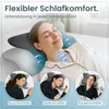 A woman sleeping on an orthopedic pillow, with smaller inset images showing different sleeping positions. Produktbild-Vorschau