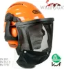A professional product shot of a chainsaw safety helmet with ear protection and face shield, displayed on a mannequin head against a white background. Produktbild-Vorschau