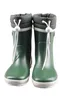 A pair of green winter boots with gray cuffs and white drawstrings, presented on a white background. Produktbild-Vorschau
