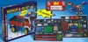 A display of a Merkur 4 construction toy set, showing the box, various components, and assembled models. Produktbild-Vorschau