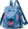 A blue backpack with a Stitch character design and the Disney Stitch logo.