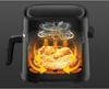 A cutaway view of a black air fryer showing the heating element and food inside, with arrows indicating the circulation of hot air. Produktbild-Vorschau