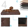 A dog lying on a dog bed, with close-up views of the bed's texture and construction, and a diagram showing the layers of the bed. Produktbild-Vorschau