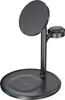 A black 3-in-1 wireless charging stand for iPhones, AirPods Pro, and iWatch. Produktbild-Vorschau