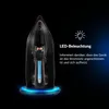 A cordless steam iron is shown on its charging base, with a blue LED light illuminating the base and a vertical strip on the iron. Produktbild-Vorschau
