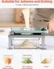 A person is using a mandoline slicer to grate cheese, with different blade attachments shown below. Produktbild-Vorschau