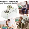 Collage showing a glass coffee table and lifestyle shots of people using it for work, dinner, and learning. Voir les images du produit