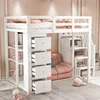 A white loft bed with storage drawers and shelves, set up in a child's bedroom with pink accents. Produktbild-Vorschau