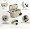 A tan cooler box with various features highlighted by callouts and text. Náhľad obrázku produktu