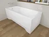 A white bathtub with an acrylic skirt and chrome fixtures is shown in a bathroom setting with wooden flooring. Produktbild-Vorschau