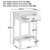 A diagram showing the dimensions and weight capacity of a white side table. Produktbild-Vorschau