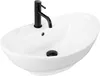 A white oval countertop sink with a black faucet. Náhled obrázku produktu
