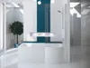 A modern bathroom with a white bathtub, teal tiles, and a glass shower enclosure. Produktbild-Vorschau