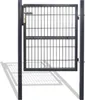 A dark gray metal garden gate with a silver handle and lock mechanism, shown in an open position against a white background. The gate is made of vertical bars and horizontal supports, with a shadow cast on the ground. Produktbild-Vorschau