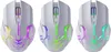 Three white computer mice with colorful LED lighting. Produktbild-Vorschau