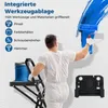 A man in white overalls is painting a wall with a blue paint roller. A step stool with a paint can is beside him. Text overlays describe features. Podgląd zdjęcia produktu