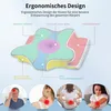 Diagram of an ergonomic pillow with labels and lifestyle images of people experiencing pain. Produktbild-Vorschau