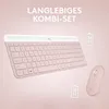 A pink Logitech keyboard and mouse set displayed against a light pink background, with text overlays indicating battery life. Produktbild-Vorschau