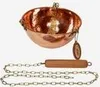 A copper bowl with chains and a wooden handle, suspended against a white background. Produktbild-Vorschau