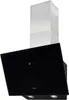 A black glass and silver chimney range hood against a white background. Produktbild-Vorschau
