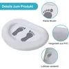 A collage of images showing details of an inflatable foot basin, including a close-up of the footprint pattern, the PVC material, and a hidden air valve. Produktbild-Vorschau