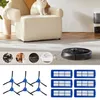 A collage showing a robot vacuum cleaner on a rug, close-ups of debris, pets, and hair, and images of replacement parts for the vacuum. Voir les images du produit