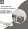 A close-up view of a gray cube-shaped ottoman next to a chair, with marketing text and a logo in the background. Produktbild-Vorschau