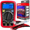 A red Uni-T UT33C+ digital multimeter is shown next to its packaging box and test leads. Produktbild-Vorschau