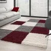 A living room scene with a sofa and a checkered rug.