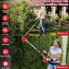 Split image showing a person using a weed wacker with wheels on and off, with feature callouts. Produktbild-Vorschau