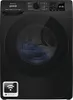 A front view of a black washing machine with a glass door revealing laundry inside. Produktbild-Vorschau