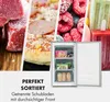 A collage of frozen foods and an open mini freezer with food inside, along with marketing text. Produktbild-Vorschau