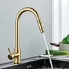 A gold kitchen faucet with water running into a sink, with some vegetables in the background. Anteprima dell’immagine prodotto