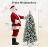 Santa Claus standing next to a flocked Christmas tree with size measurements indicated. Podgląd zdjęcia produktu